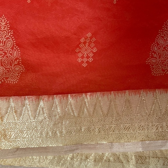 Orange Sheer Saree Fabric With Embroidered Gold Trim - Picture 3 of 8